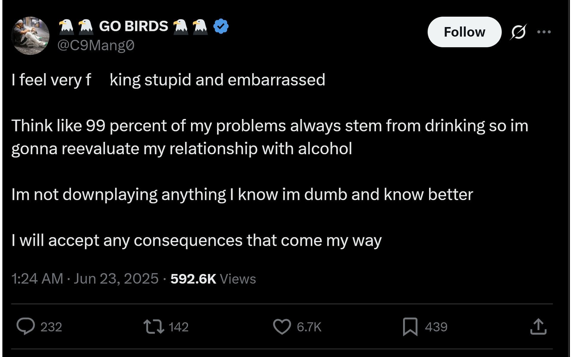 The content creator's follow-up X post following the recent incident (Image via x.com/C9Mang0)